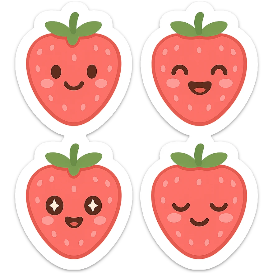 A series of illustrations stawberry in a kawaii emoji style, with detailed shading and highlights, thin clean outlines, soft and rounded features. Pastel color palette using  #FF5B5B, #CE4C4C,#CE4C4CThe style is inspired by modern Japanese pop art and sticker aesthetics. Highly detailed, vector clarity, soft lighting and subtle shadows. Transparent background without background. sticker