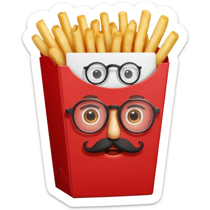 long slim crispy fries in a red carton, carton has eyes and mustache and glassess sticker