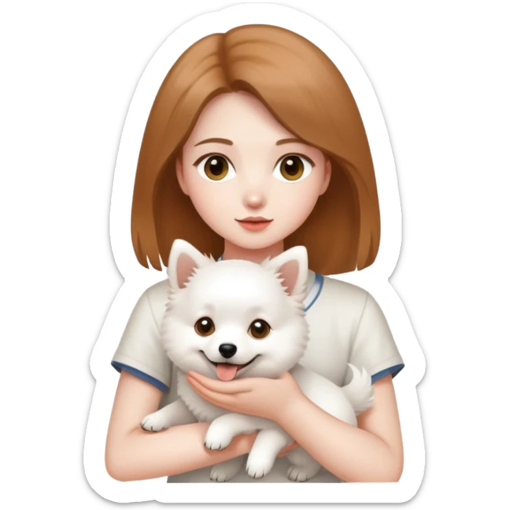 light brown hair girl with pale skin holding a white Japanese spitz dog sticker