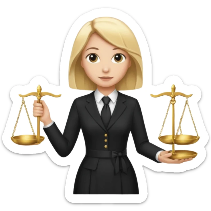 woman lawyer blanche et blonde avec des cheveux mi-long; elle est habillée avec une longue robe noire et une cravate blanche; elle soutient fièrement la balance de la justice  sticker