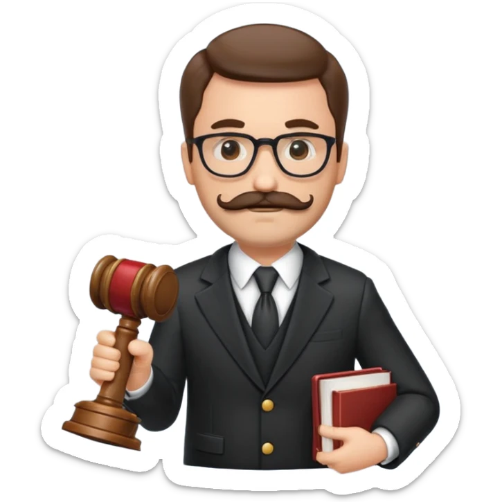 “Create a clean, modern emoji-style illustration of a male lawyer. He is wearing a formal suit jacket. He is holding a judge’s gavel in one hand and has a law book tucked under his arm. He has a mustache and beard!, and he is wearing glasses. sticker