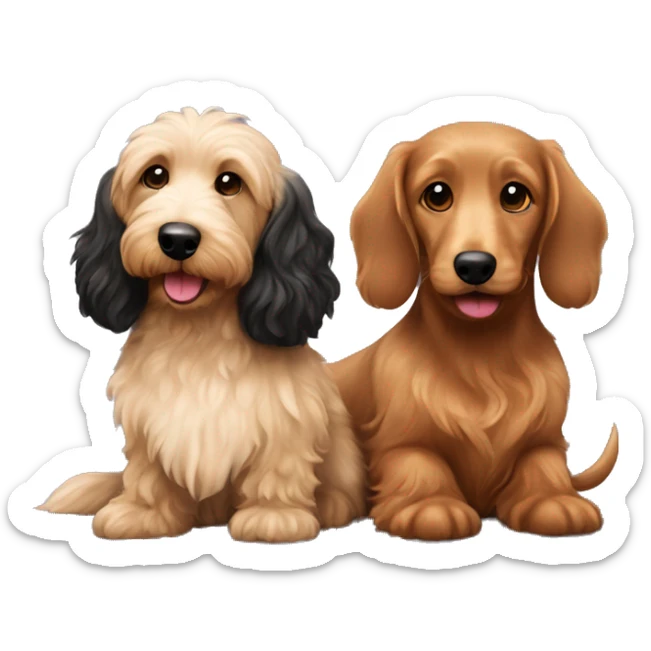 Brown golden doodle and black and tan and cream longhair dachshund sitting together  sticker