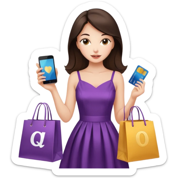 Glam brunette girl calmly choosing one premium shopping bag, giving a small approving nod — quality over quantity sticker