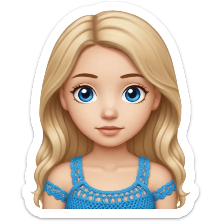 White Girl with long light brown slightly blonde ish hair and blue eyes wearing a cute crochet top sticker