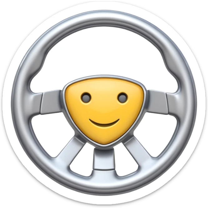 A futuristic steering wheel emoji made of silver chrome, minimal geometric design, smooth metallic surface, soft reflections, iOS emoji style, centered, clean white background sticker