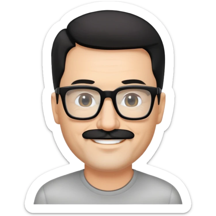 đàn ông 50 tuổi, da trắng, có râu ria đen. đeo kính đen, mắt kính trong suốt, tóc đen ngắn, cười mỉm sticker