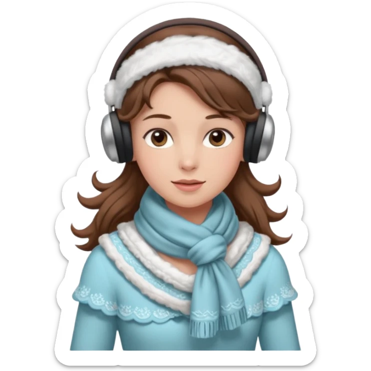 Victorian ice skater in a long dress. She is wearimg a scarf and earmuffs. She has boriwn hair. sticker