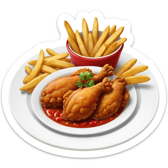 lato redondo con pollo frito en salsa roja brillante, arroz blanco y papas fritas doradas, vista desde arriba, fondo blanco, estilo simple. sticker