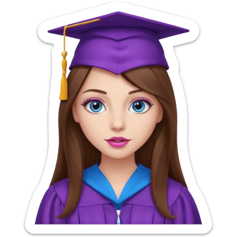 girl with beautiful very long brown hair, blue eyes, long lashes makeup, sexy pink lips, wearing a purple graduation cap and gown sticker