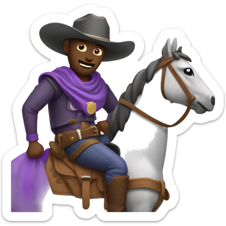 Person riding horse wearing cowboy outfit eating purple burrito sticker
