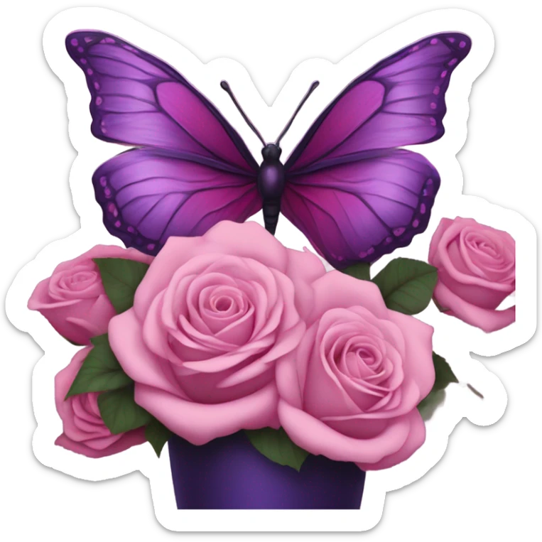 Aesthetic butterfly with purple and pink wings sitting on a dark purple bouquet of Roses in a pastel pink vase sticker