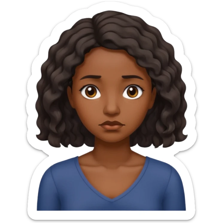 Sad face dark brown skin color black women wavy hair shoulder length small slant eyes sticker