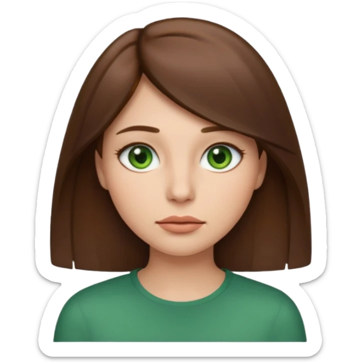Female face emoji. Straight medium-length brown hair, fair skin, green eyes, neutral expression, closed lips, minimal makeup sticker