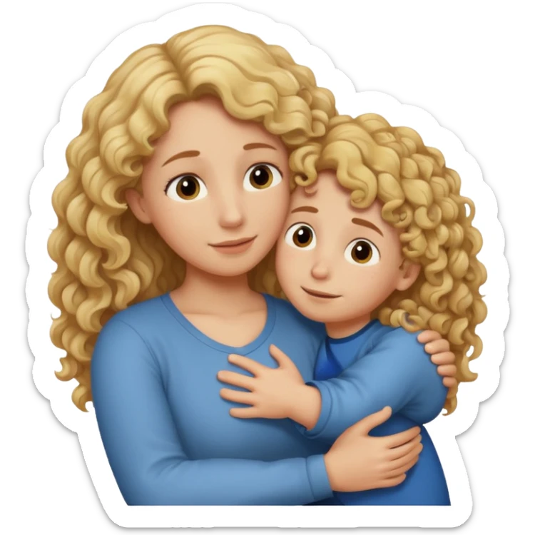 a mother with blond curly long hugging his son with brown hair and like saying its okay sticker