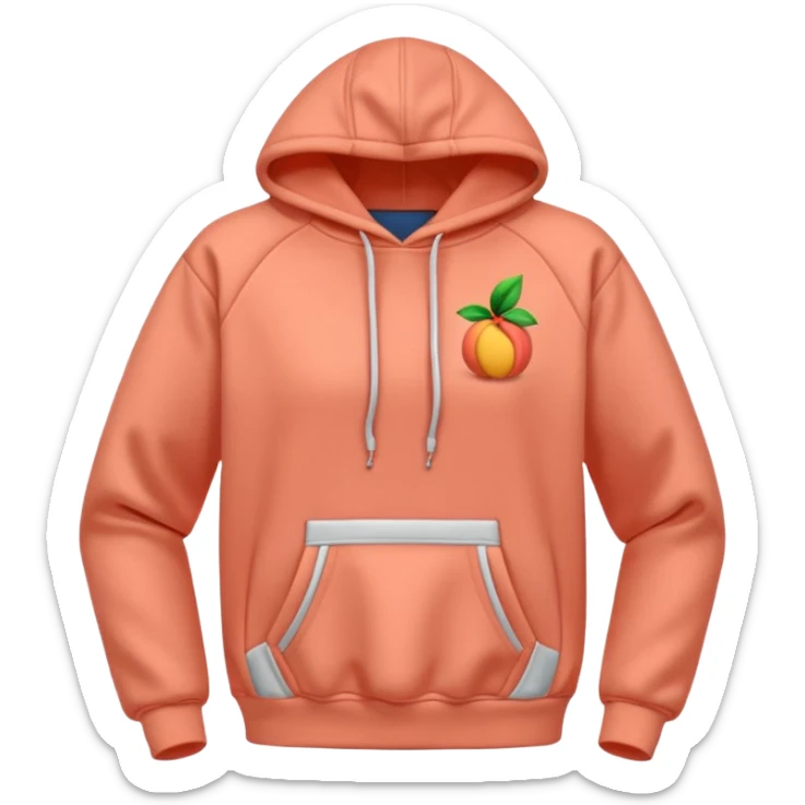 A 3D cartoon peach-coral hoodie with soft folds, drawstrings, and a casual fit, isolated plain background. sticker