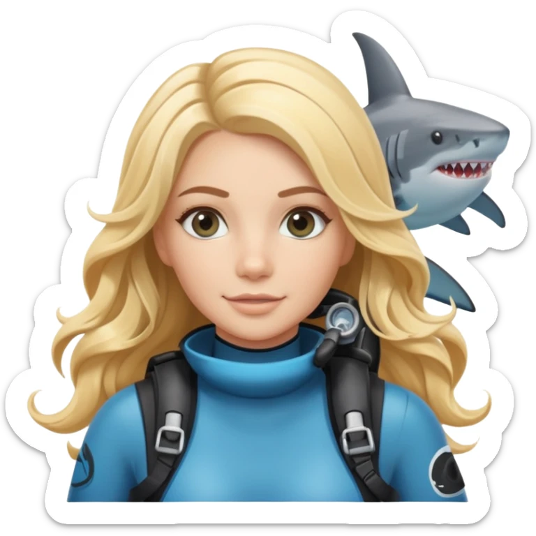 A scuba (long blonde wavy hair gray eyes) girl and a shark sticker