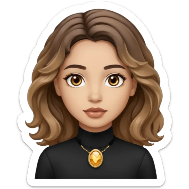 brown balayage hair long wawy (not to much curly/not afro), light skin tone, brown eyes, not too skinny, black outfit, beauty mark on  the left side of the face next to the lip

 sticker