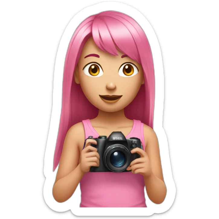 girl with long, straight rose hair with fringe and holding camera and wearing pink tank top sticker