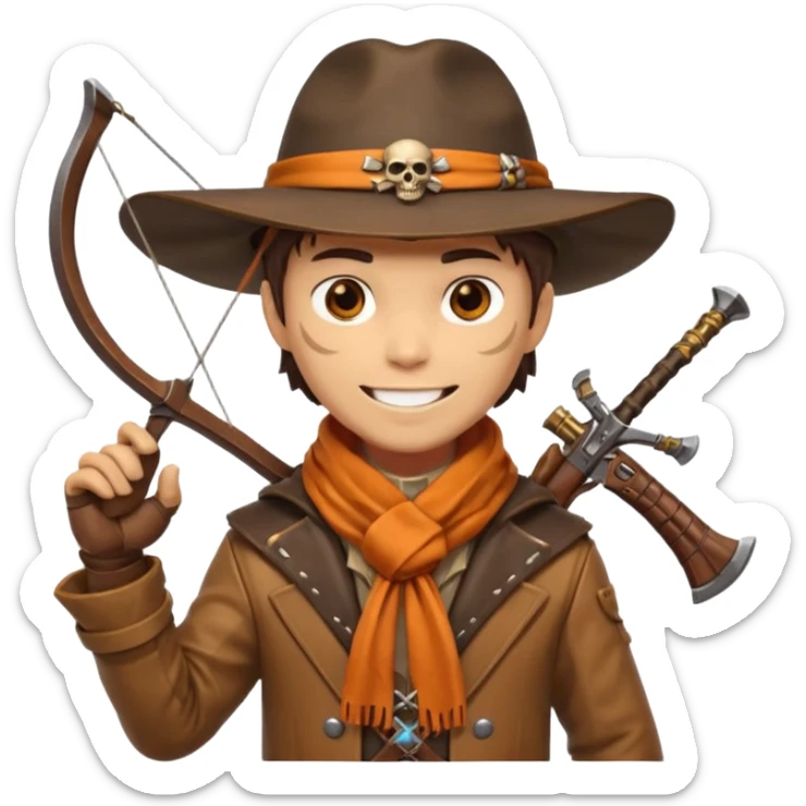 male human monster hunter emoji, wearing brown leather coat and wide hat, holding crossbow or rifle, with amulet shaped like skull, Halloween fantasy theme, confident smile, orange scarf, Apple emoji style, clean white background, square image sticker