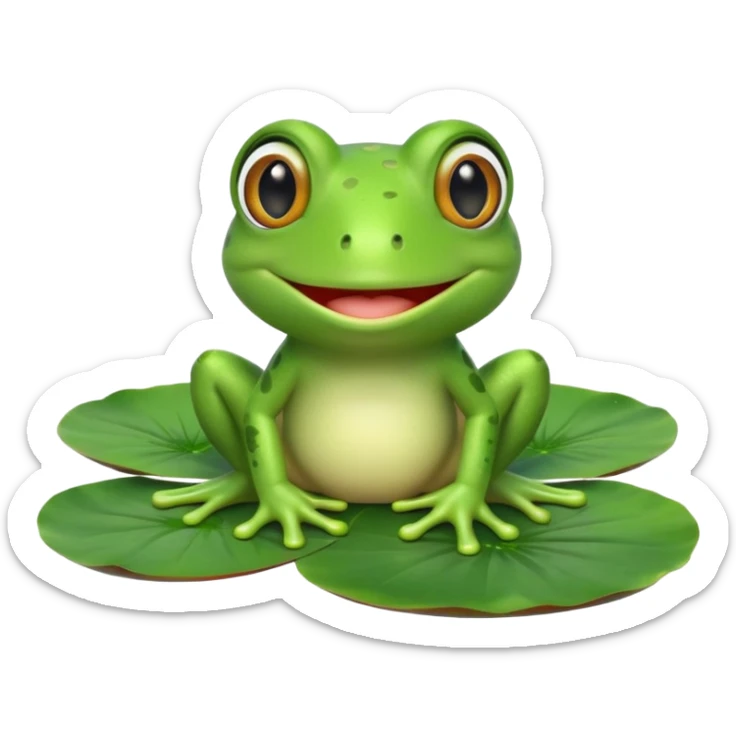 A cute 3D cartoon frog sitting on a lily pad, bright green skin, big friendly eyes, smiling face, soft natural lighting, Memoji-style rendering. sticker