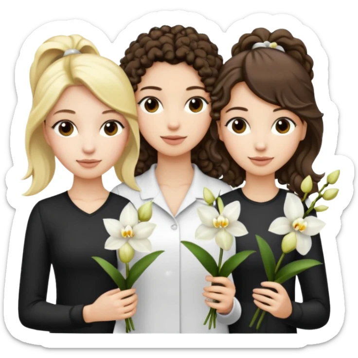 3 female musketeers, one with dark brown curly hair, one with straight blond hair, one with blond hair in pony tail, all holding orchids sticker