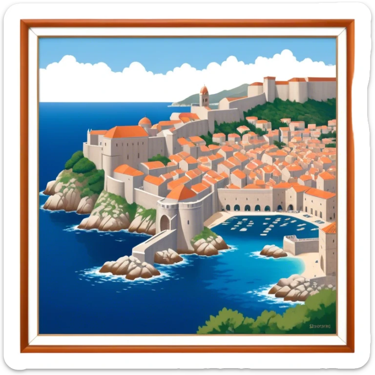 Cinematic Realistic Dubrovnik Landmark Emoji, showcasing the historic walled city with its terracotta rooftops, stone fortifications, and the deep blue Adriatic Sea stretching beyond. sticker