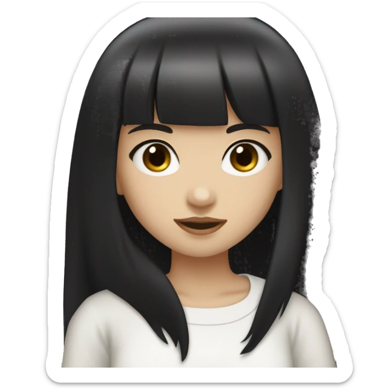 light-skinned girl, 1girl, dark hair, long black hair, bangs, black eyes, blunt  black bangs, white shirt, hime cut, cute sticker