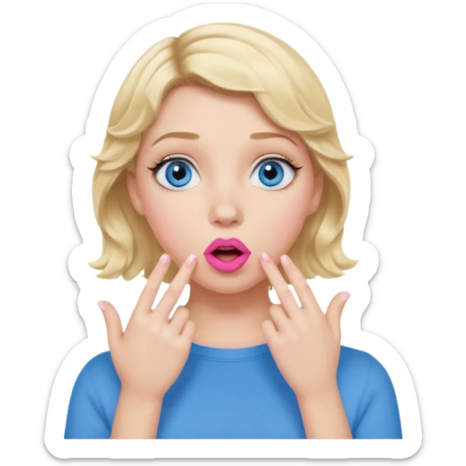 Girl Blonde short wavy hair,  blue eyes, cute blue top, long lashes, pink lips, shocked, hand over the mouth sticker