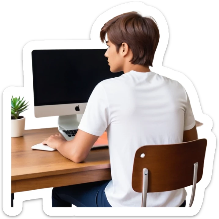 A man seen from behind, with detailed, well-lit hair. He is sitting in front of an open MacBook on a desk. On the MacBook screen, the Instagram logo is clearly visible and glowing. The scene has a modern, minimalistic aesthetic with natural lighting and a sharp, high-resolution look. sticker