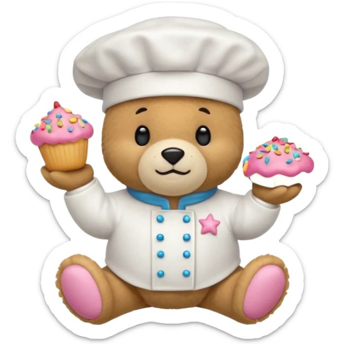 quiero un oso

Mejillas rosadas

Sprinkles en forma de estrellitas

Patitas pequeñas y redonditas

Un gorrito de chef mini

Expresiones cambiantes (feliz, sorprendido, emocionado) sticker