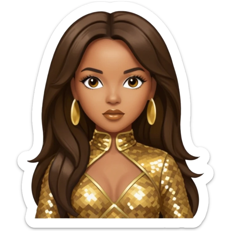 LeToya Luckett from Destiny's Child with dark brown long hair, gold outfit sticker