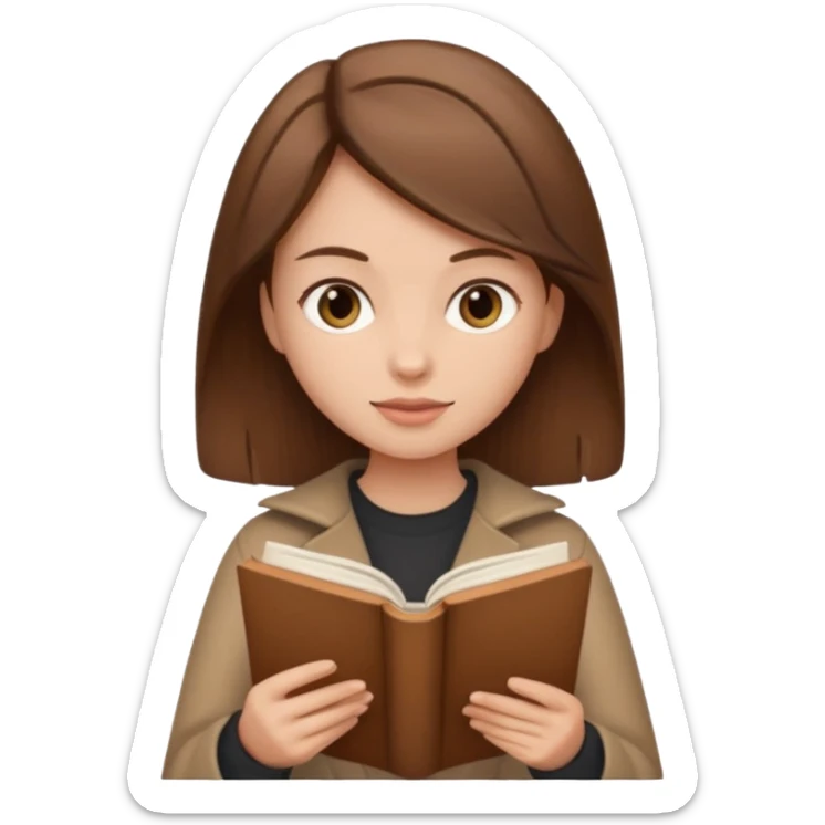 Brown hair girl in brown clothes reading a beige book sticker
