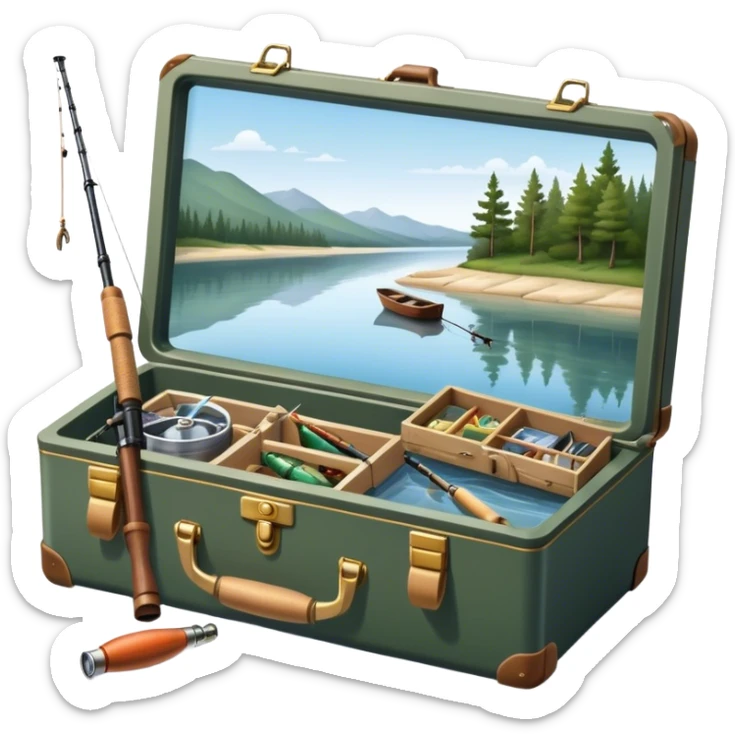 Icon for Fishing: a boat on the shore of a peaceful water body with a beautiful natural landscape, a fishing tackle box, a spinning rod, and boots nearby. The icon should capture the tranquility and gear of a fishing adventure. Transparent background. sticker