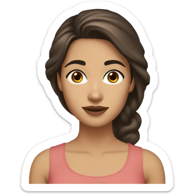 pakistani young woman with white ivory peach skin, oval face but slim, almond eyes, dark eyebrows, greek nose but not that big, brunette hair, not skinny but not also chubby, average sticker