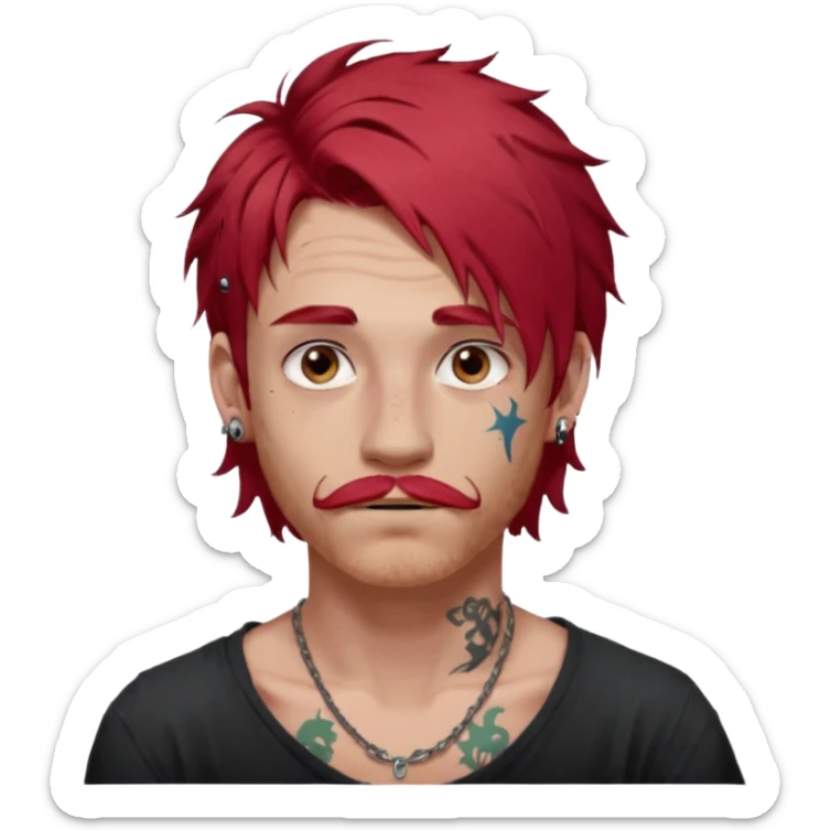 generate an ios genmoji of a 20 year old boy with shoulder length hair messy very messy dyed red hair. ear piercings. a lot of tattoos. and a faint stubble mustache sticker