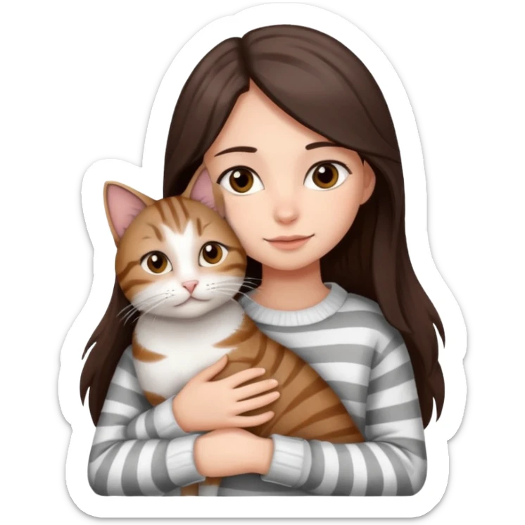 a girl with long dark brown hair, in a
white sweater and brown eyes, hugs a tabby
grey and white strips one cat. sticker