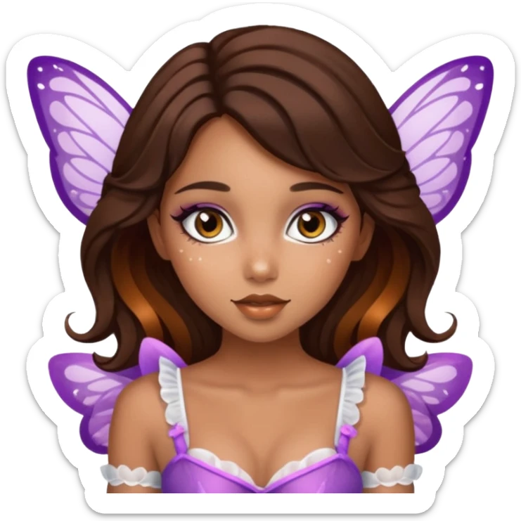 Pretty girl with caramel skin. Dark brown hair and brown eyes. She has freckles. Wearing sexy makeup. Wearing a fairy costume. wearing white fishnet tights on legs and heels on feet sticker