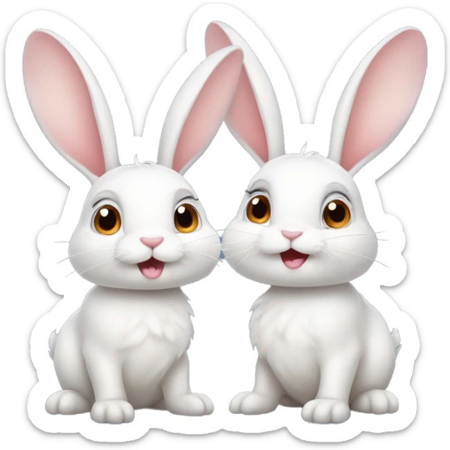 A pair of cute rabbits depicted as a couple. One rabbit is white, adorable, with a slight overbite showing its front teeth. The other rabbit has a rosy blush on its cheeks, giving it a shy and endearing appearance. sticker