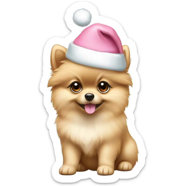 beige pomeranian puppy full body light blue eyes pink christmas hat on sticker