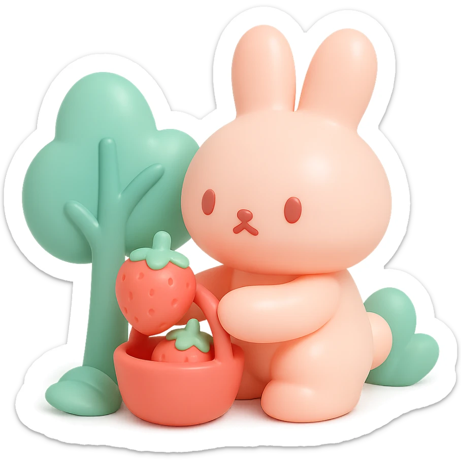 bunny picking strawberries in the woods, sweet pastel red, vinyl figure style sticker