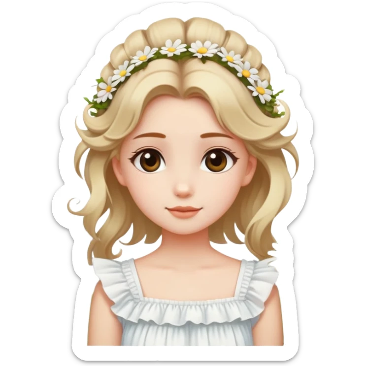  A girl with a half-up half-down hairstyle, tiny daisies in her hair, and a white ruffled top, enjoying the spring breeze. sticker