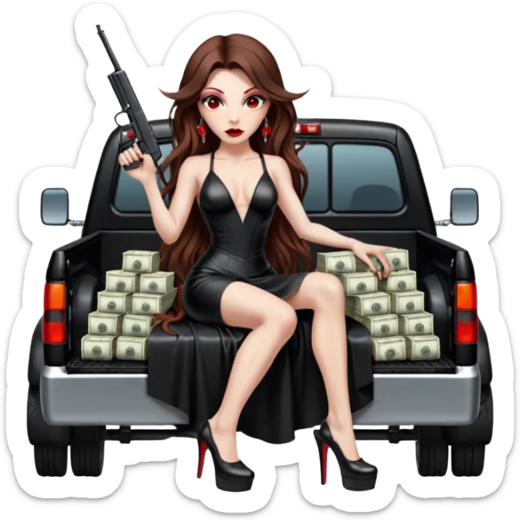 Lilith symbol red eye seductress evil long brown haired sexy succubus woman with leather long dress with slit on, sitting in Big Large F350 pickup truck. Platform long high heels on feet. Back seat full of stacks of cash, she is  Holding a human skull of her enemies in car and a gun in other hand sticker