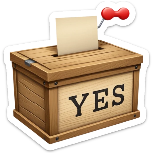 Vote box with "yes but" aber' written on the front and paper entering the top slot sticker