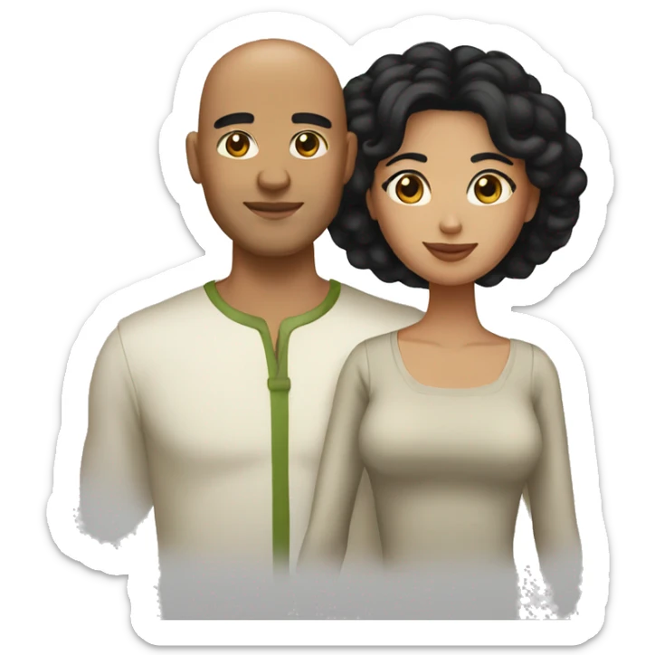 A couple. The woman has shoulder length black hair. The man has olive skin and a shaved head sticker