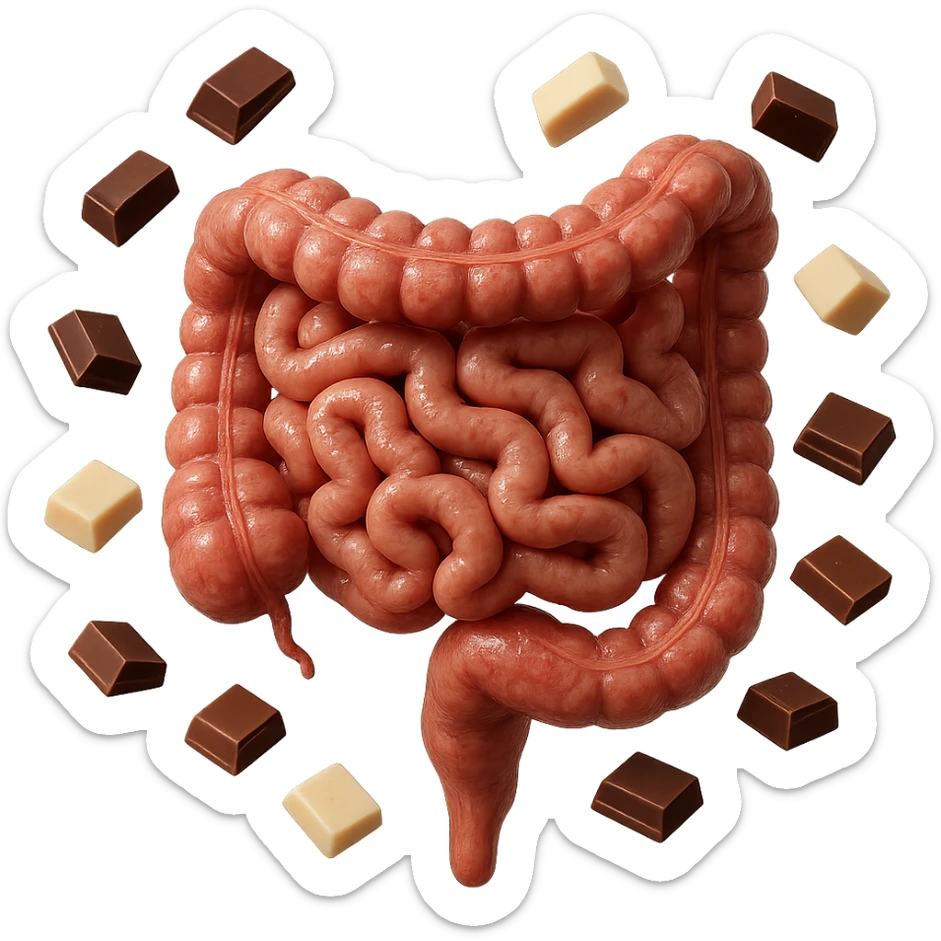 pezzetti di cioccolato fondenti, al latte e bianchi fluttuano intorno ad un intestino umano anatomico realistico, IPERREALISTICO 4K sticker
