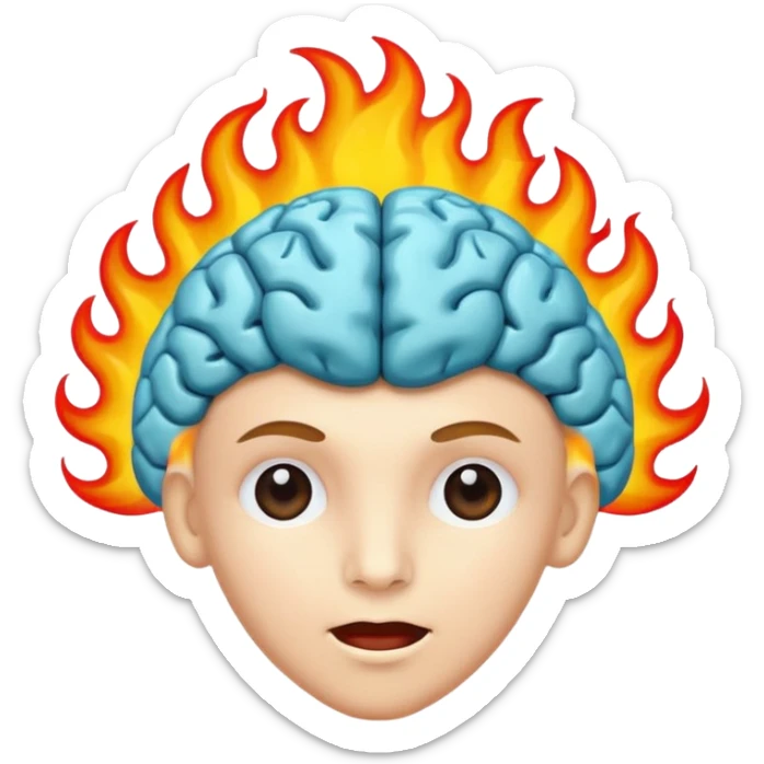 minimal high-quality emoji of a human brain with bright vivid colors and flames emerging from or surrounding it, symbolizing passion creativity and intense exploration, small clear design suitable for emoji use sticker