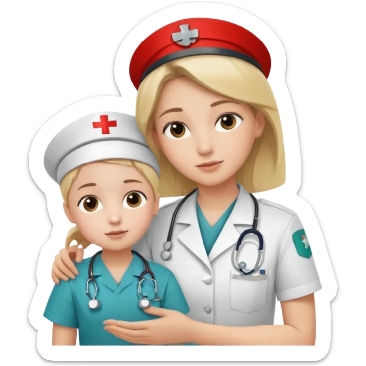 A young medic (woman) attending to a child patient at the local hospital sticker