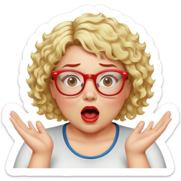 Blonde woman with short curly hair, slightly overweight, wearing glasses with red frames, shouting with hands on each side of her mouth sticker