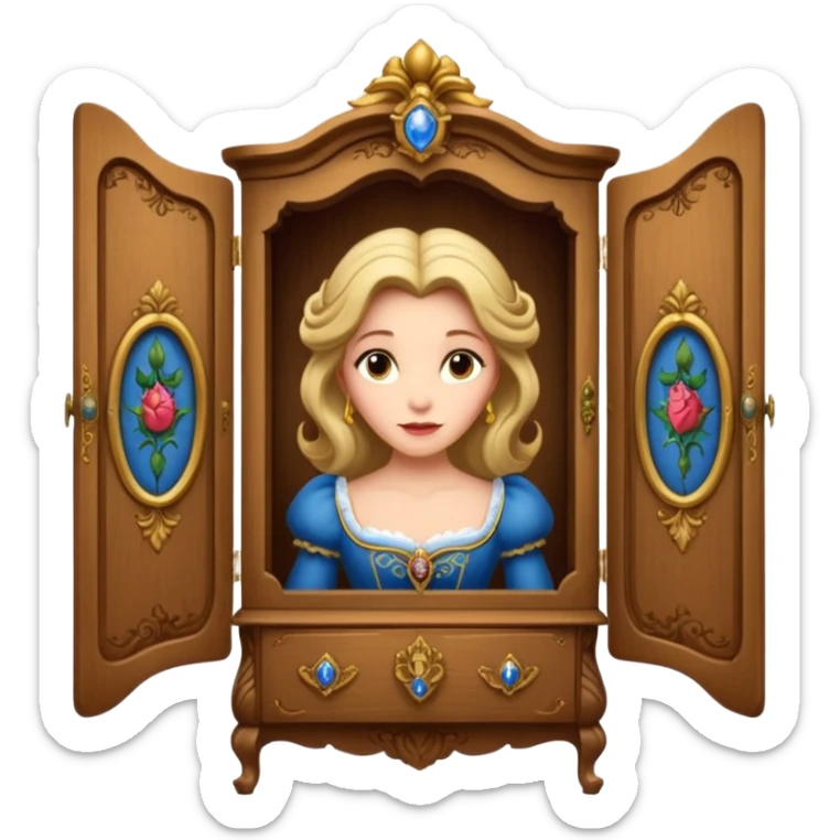 A middle-aged lady character from the fairy tale Beauty and the Beast — she was turned into a wardrobe by magic. She retains the wardrobe's original form, with an anthropomorphic face on the front of the closed cabinet. sticker