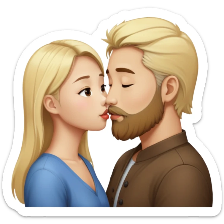 Asian girl kissing a man with blonde hair and brown beard sticker